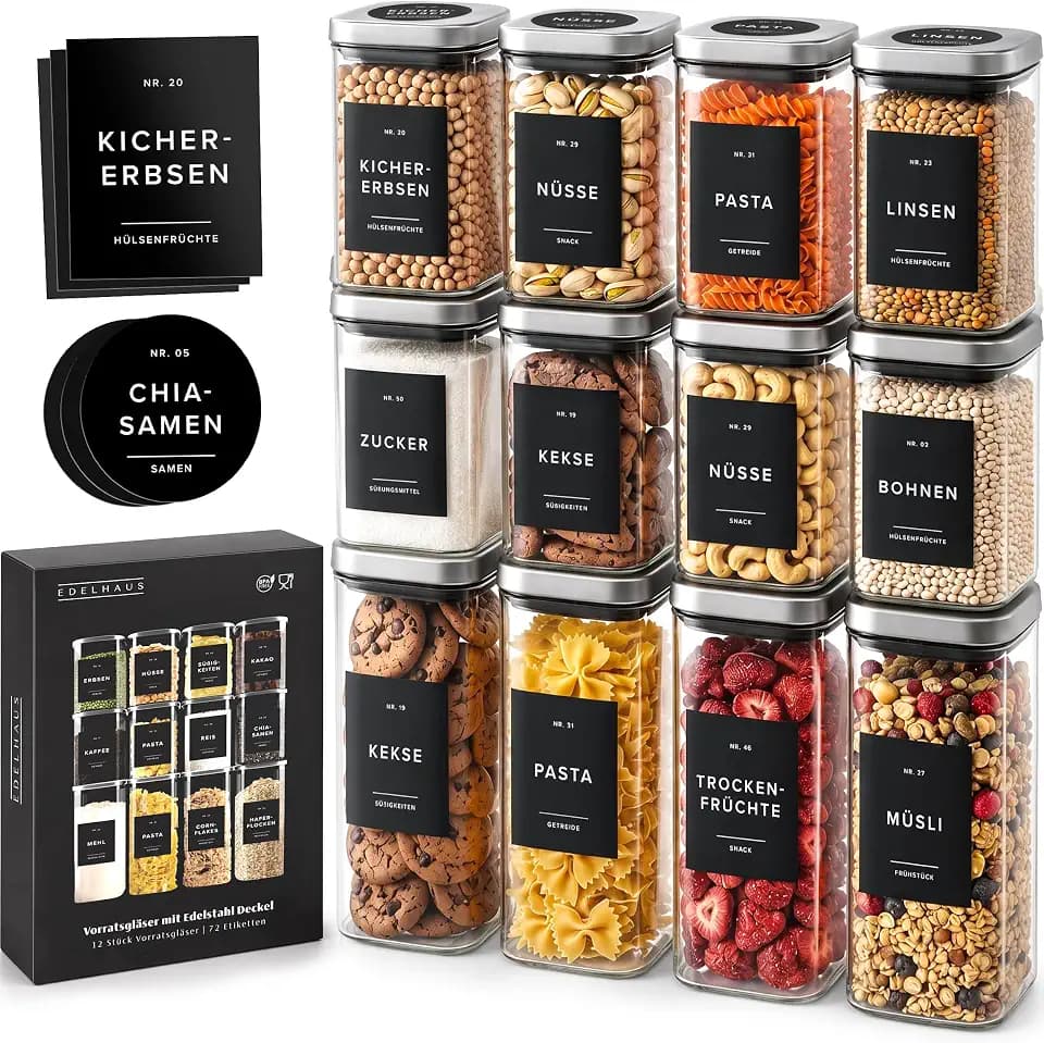Glass Pantry Storage Jars Containers with Stainless Steel Lids and Labels