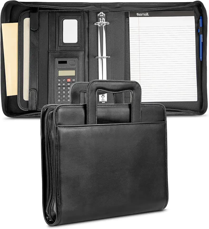 Samsill Professional Padfolio/Portfolio with Zippered Closure Case, 2 Inch Removable Round Ring Binder, Retractable Handles, Interior 10.1” Tablet Sleeve, Black