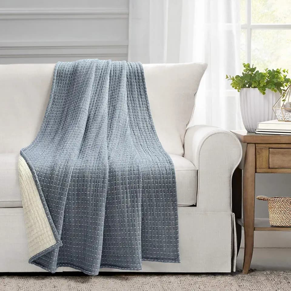 Lush Decor Solid Kantha Pick Stitch Cotton Throw Blanket 50" W x 60" L Navy & Off White - Blue Throw Blanket for Bed - Textured Soft Couch Blankets