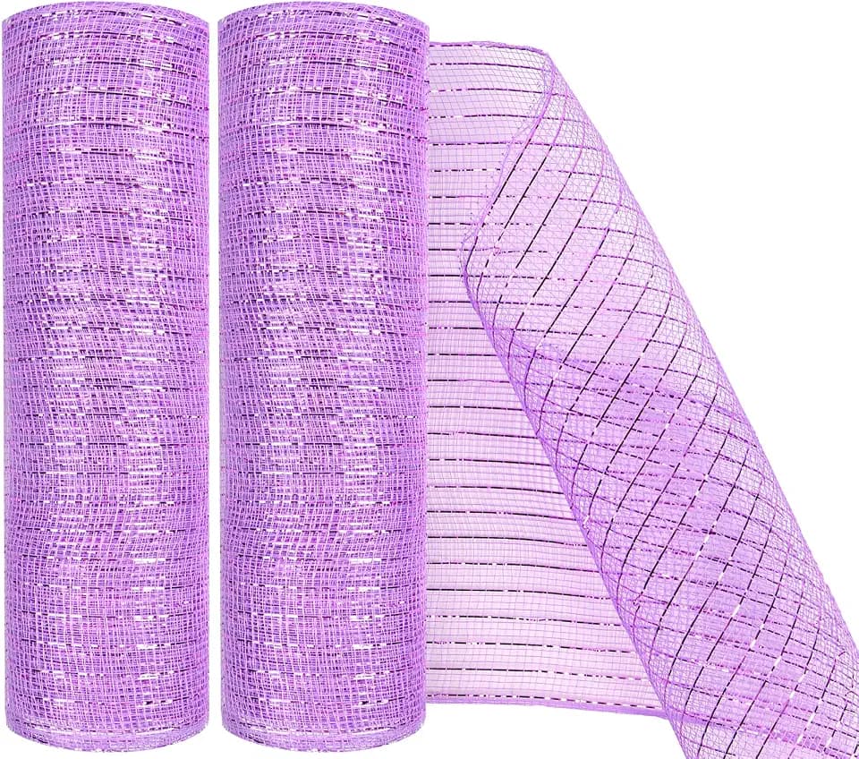 2 Pack Deco Mesh 10 Inch x 30 Feet Decor Mesh Ribbon with Metallic Foil Deco Mesh Wreath Supplies Ribbon Mesh Roll for Spring Wreaths, Craft, Party Decoration (Light Purple)