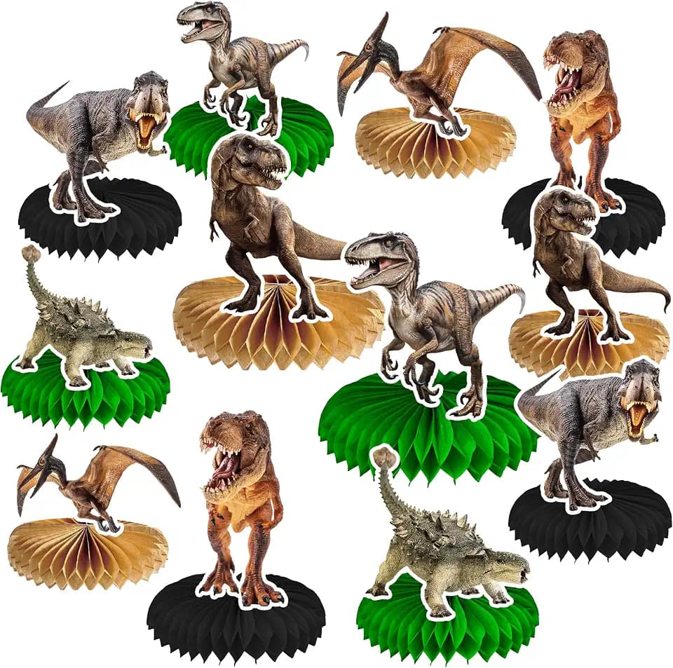 12 Pcs Dinosaur Centerpieces for Tables, 3D Realistic Dino Honeycomb Table Decorations for Boys Birthday Party Baby Shower, Prehistoric Jungle Animal Theme Desktop Decor Supplies