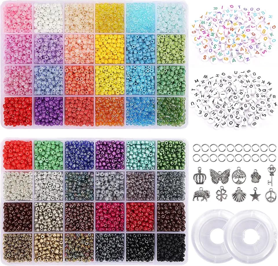 QUEFE 6480pcs Glass Seed Beads 4mm Bracelet Beads for Jewelry Making Kit, Small Waist Craft Beads, 260pcs Alphabet Letter Beads with Elastic String Cords and Charms