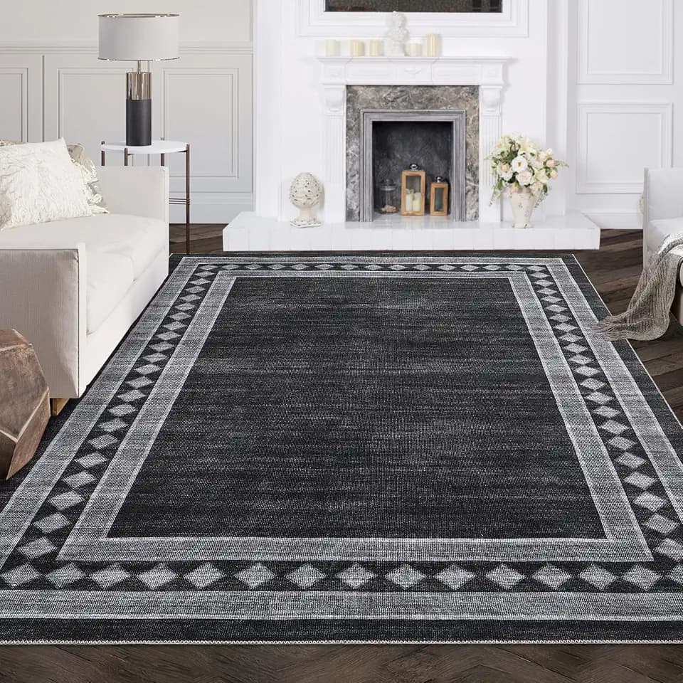 GlowSol Washable Rug 9x12 Area Rugs for Living Room Modern, Solid Bordered Neutral Rug Soft Washable Geometric Carpet for Farmhouse Stain Resistant Carpet for Dining Room Playroom Office,Black