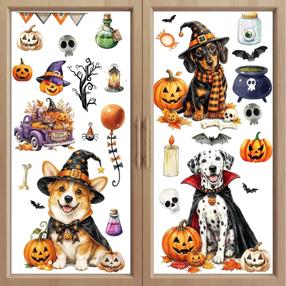 Halloween Window Clings, 9 Sheets Cute Dogs Pumpkin Ghost Decor Stickers