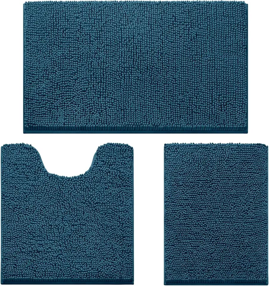 HOMEIDEAS Atlantic Blue Chenille Bath Rugs Set of 3, Non Slip Bath Mat