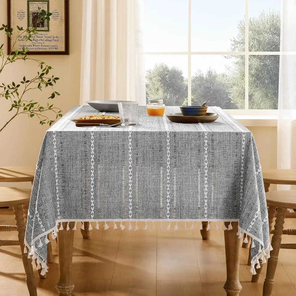 ZeeMart Hemstitched Striped Boho Table Cloth, 60x84 Inch Charcoal