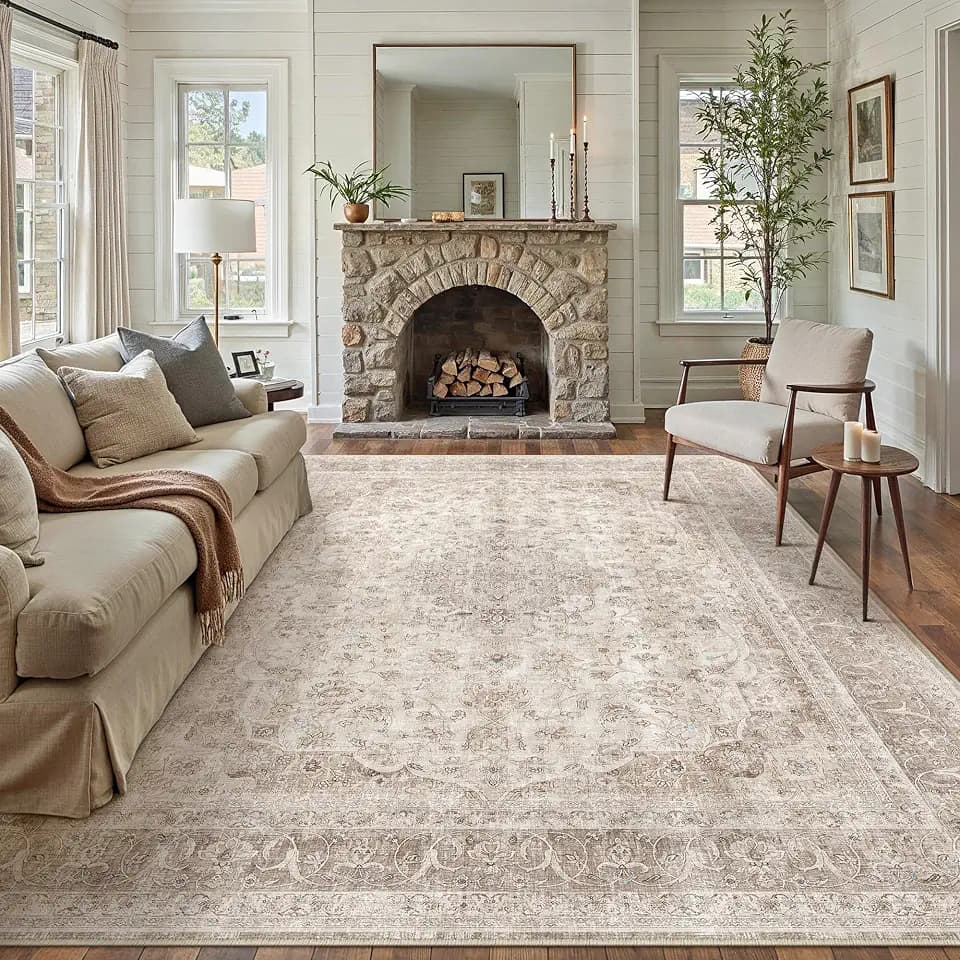 PureCozy 8x10 Area Rug Washable Beige Vintage Traditional Oriental