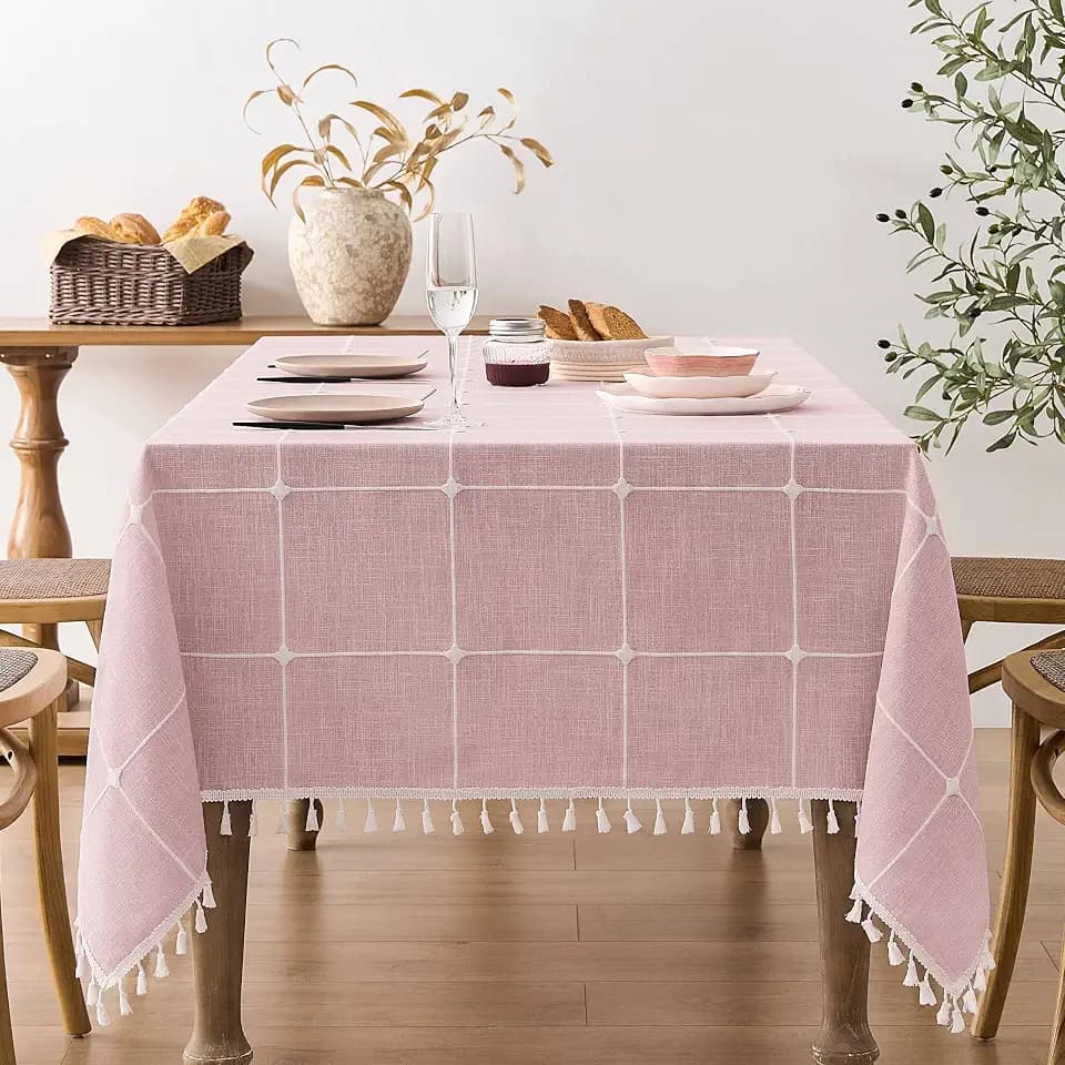 ZeeMart Boho Rectangle Grid Tablecloth with Tassels, Pink 60x120in