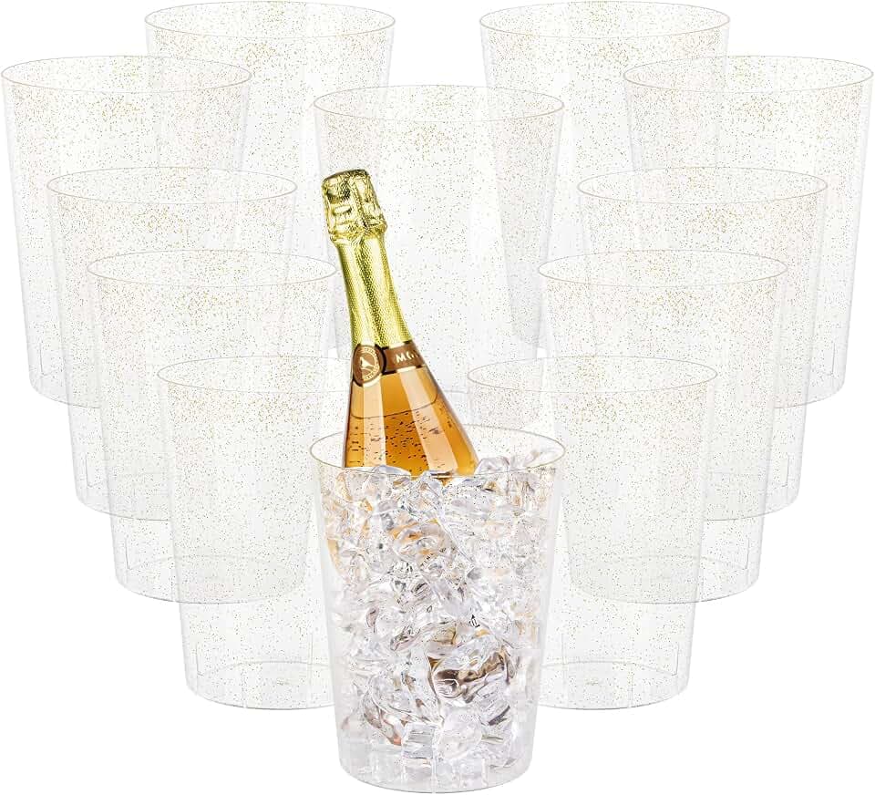 Tiawudi 12 Pack Plastic Ice Bucket For Parties, Gold Glitter Clear Wine Cooler for Wedding, Good as One Large Champagne Chiller Or Classic Wine Bottle Chiller