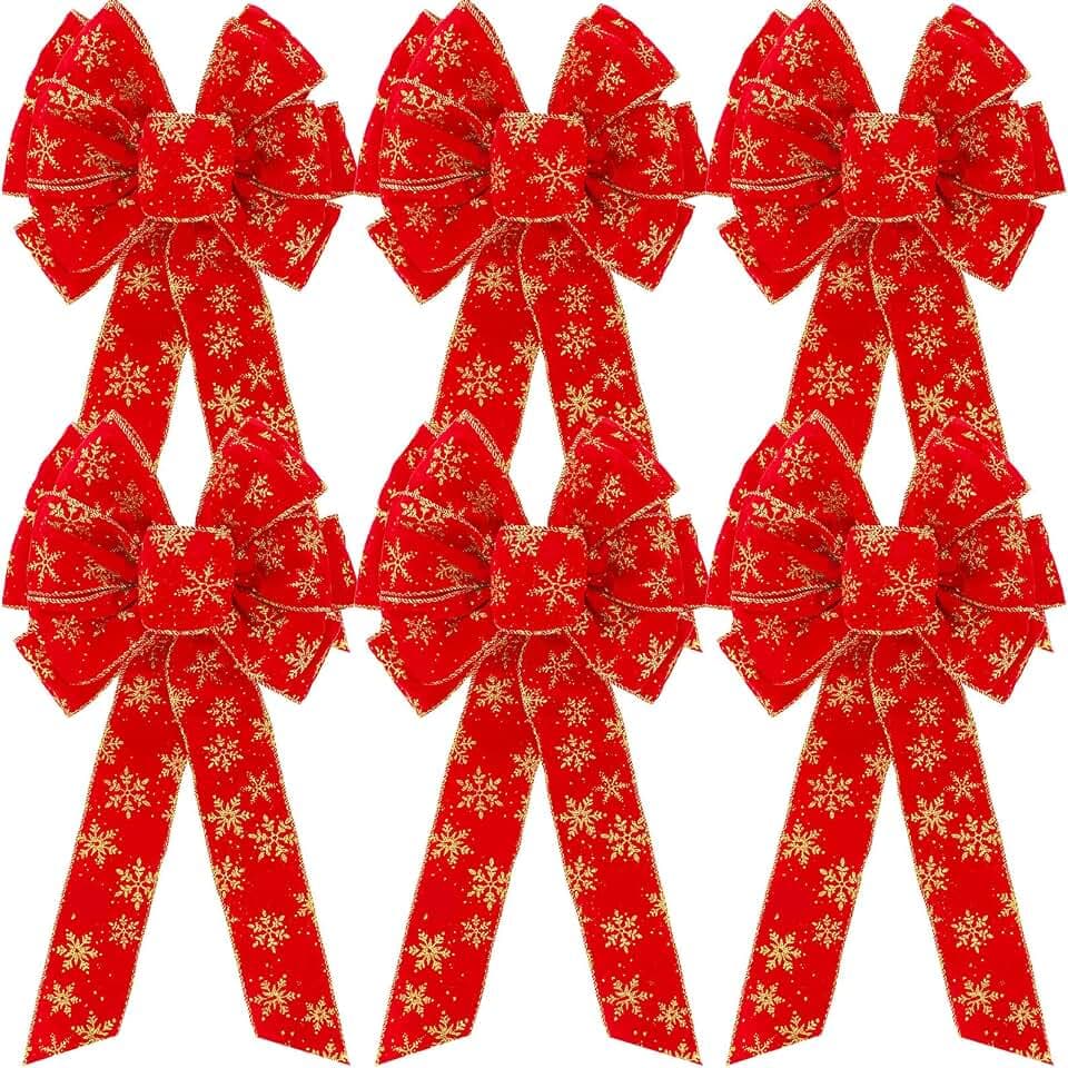 Unittype 6 Pcs Large Christmas Bows Wired Snowflake, Velvet, Red
