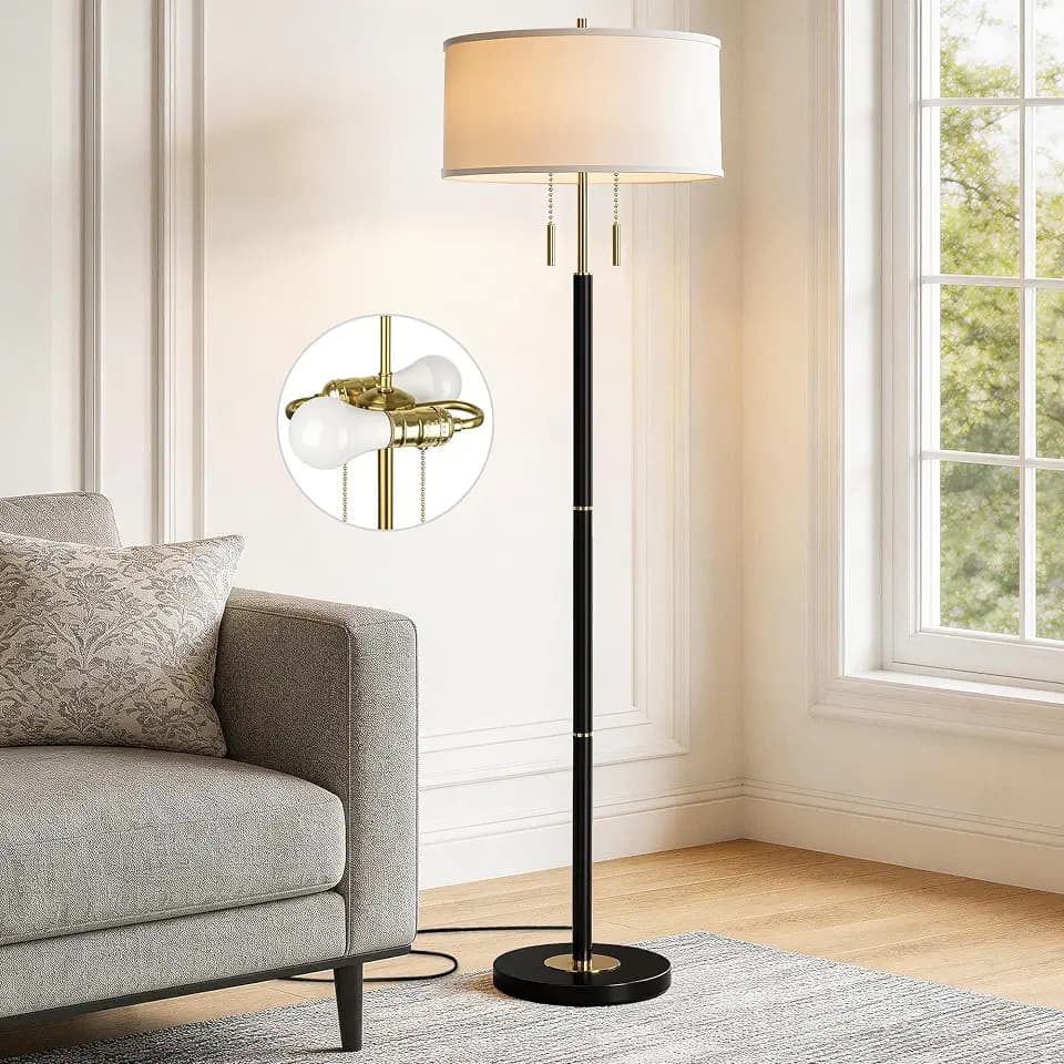 2-Light Mid Century Modern Floor Lamp, Standing Lamp with Fabric Shade and Pull Chain Switch, Tall Floor Lamp for Living Room, Bedroom,Office Corner (Black, 2X 3CCT Bulb Included)