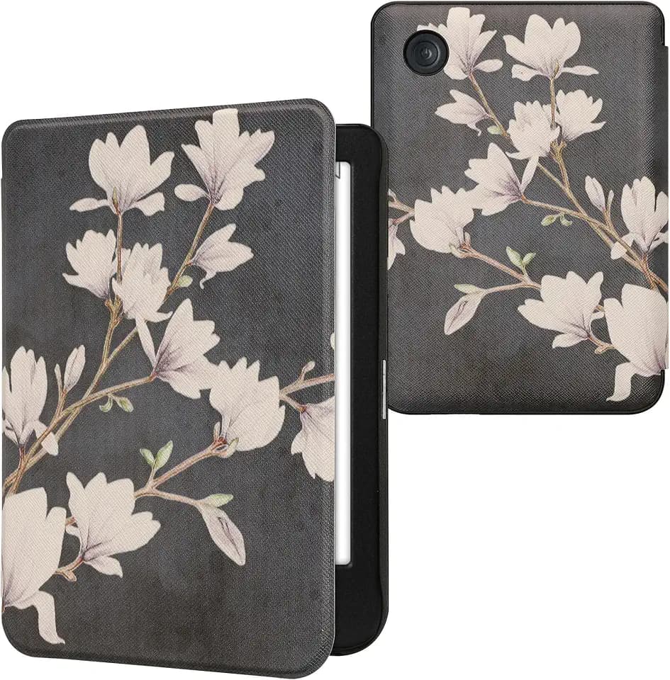 kwmobile Schutzhülle für Kobo Clara BW/Clara Colour/Tolino Shine (5) / Shine Color Hülle - eReader Flip Case mit Auto Sleep Funktion - Magnolien mit Taupe Weiß Dunkelgrau