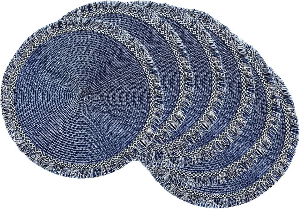DII Woven Placemat Collection Round, 14.75" Diameter, Nautical Blue Fringe, 6 Piece
