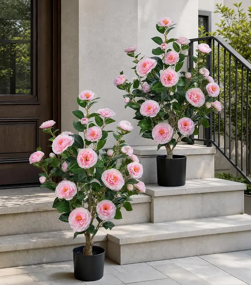 HyeFlora 3ft Artificial Camellia Tree 2 Pack, 34 Inches Faux Camellia Plant in Pot,Fake Potted Camellia Flower Trees UV Resistant for Modern Home Office Living Room Floor Indoor Outdoor Patio Decor