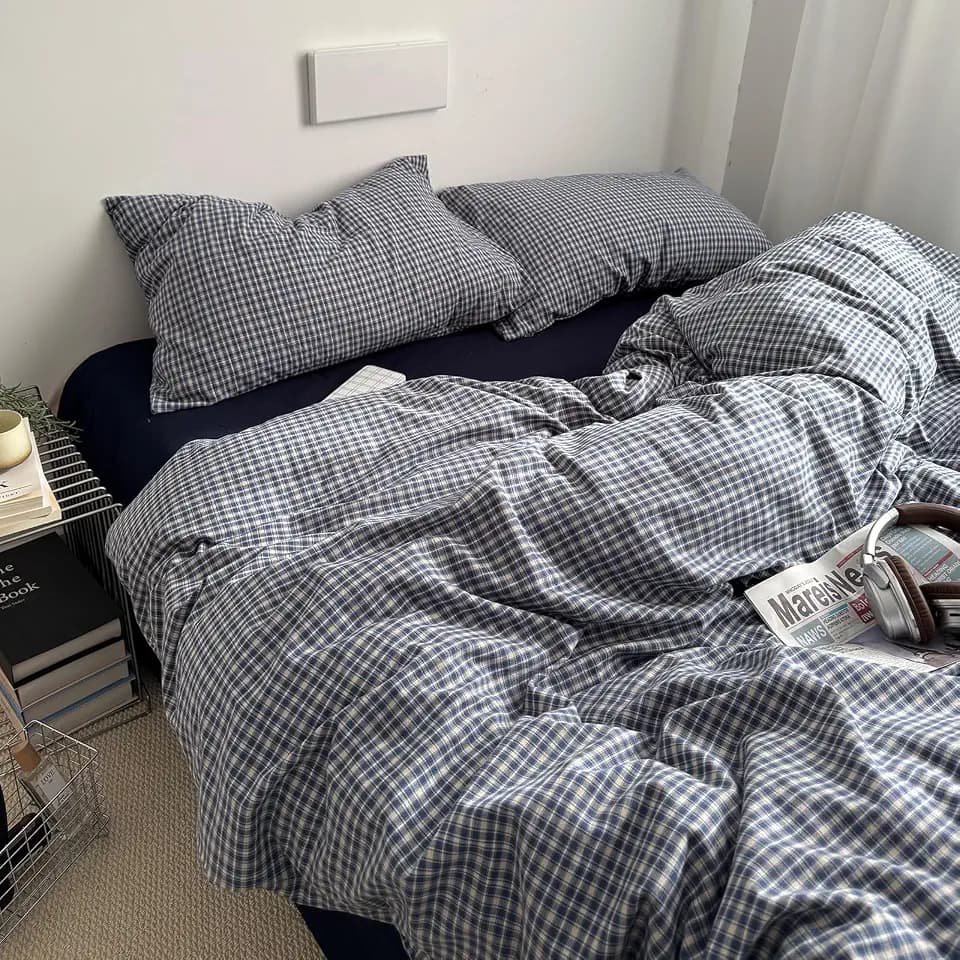 EAVD Vintage Blue Plaid Gingham Duvet Cover Set Queen 100% Washed Cotton
