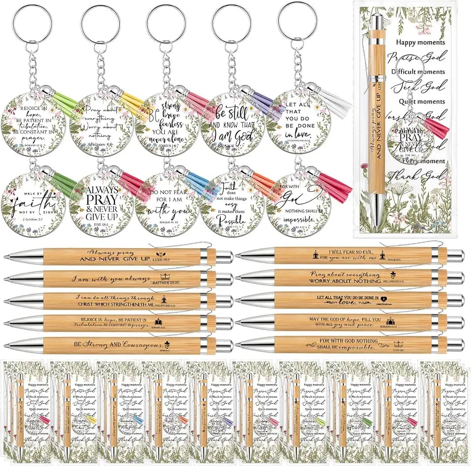 Spakon 50 Sets Christian Gifts Bulk Bible Verse Pens Keychain, Bible