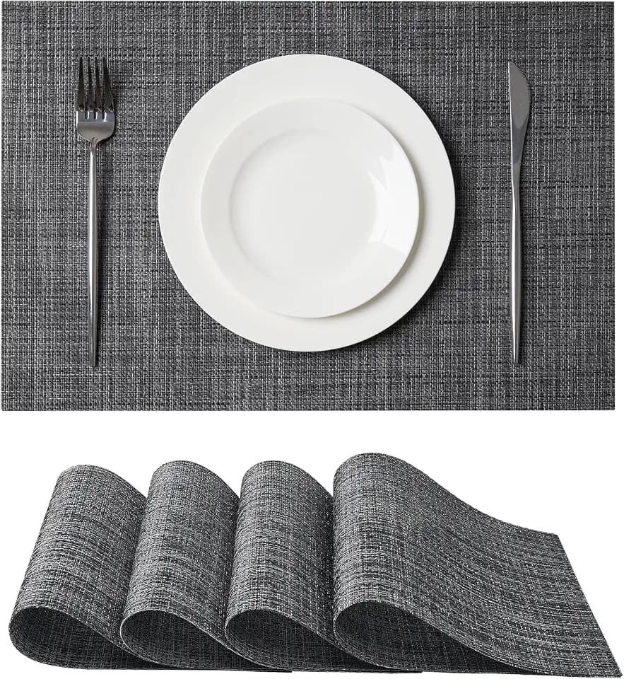 Black and Grey Woven Placemats Set of 4 - Heat Resistant Non-Slip Place mats for Dining Table, Washable Durable PVC Vinyl Woven Table Mats(Black & Grey, 4)