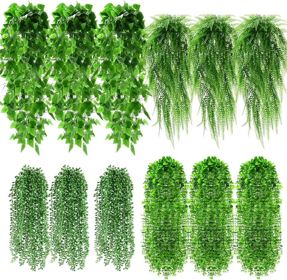 Daifunli 12 Pcs Artificial Hanging Plants Fake Hanging Ferns Plastic Faux Plants for Wall Room Garden Garland Indoor Outdoor Decor No Basket (Boston,Eucalyptus,Ivy Vine,String of Pearls)