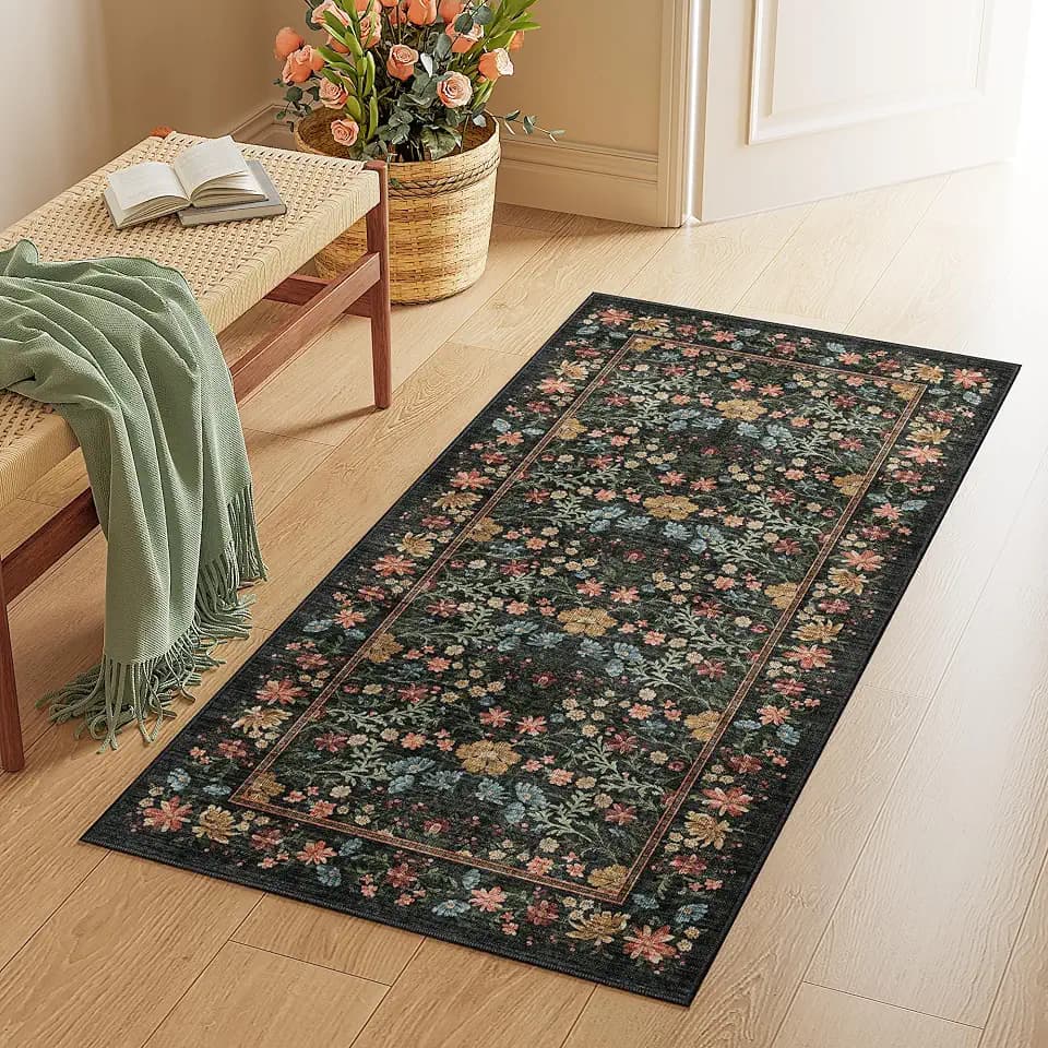 DUKINO 2x4 Rug, Washable Vintage Floral Bathroom Runner Rug, Black