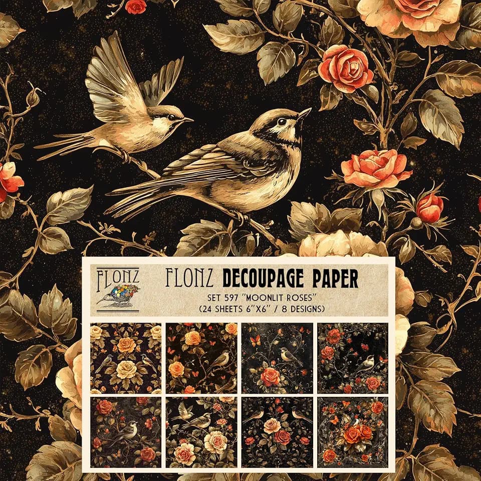 Decoupage Paper Pack (24 Sheets 6"x6") Moonlit Roses: Birds, Butterflies, and Vintage Roses in Dark Floral Elegance # Vintage Styled Paper for Craft and Scrapbooking