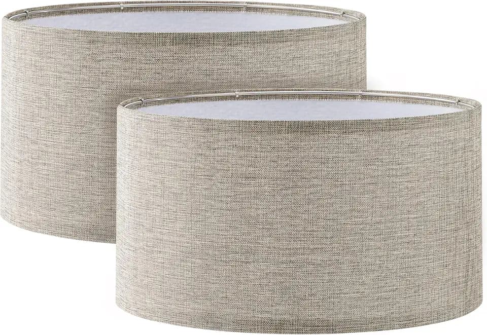 Aspen Creative 38873-2,Hardback Barrel Contemporary Collapsible UNO Shade,Stone Grey and Gold Linen Fabric,16"Top x 16"Bottom x 9"Height,Threaded UNO 36mm,Table Lamp And Pendant Light,Set of 2