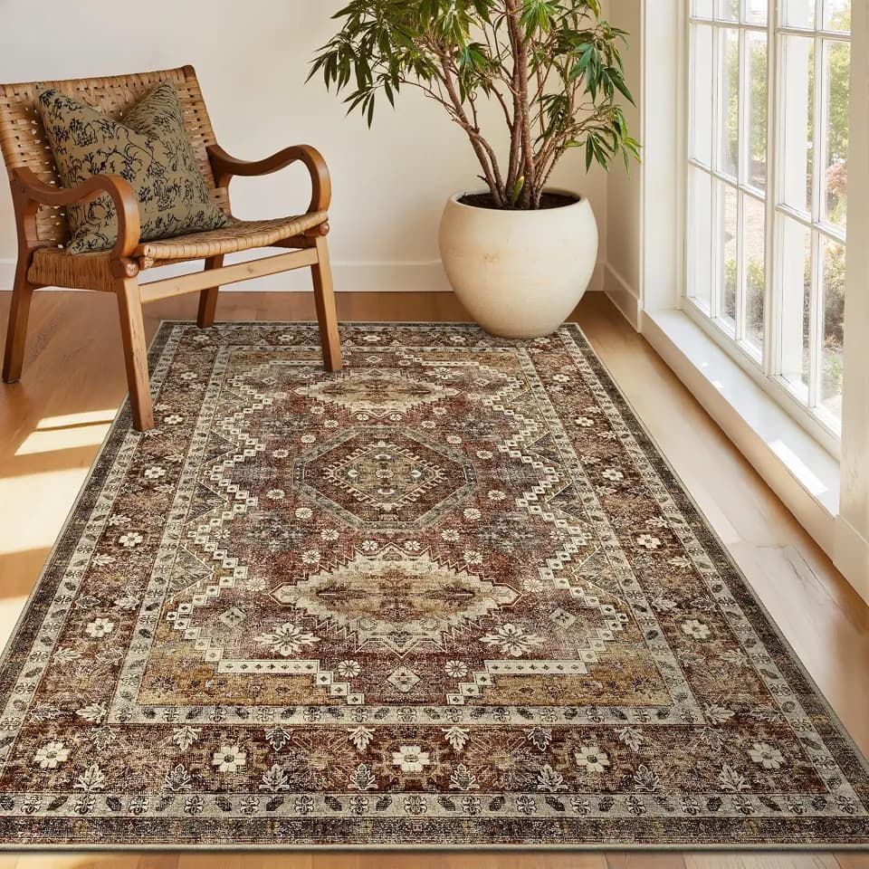 Rugland 3x5 Area Rug Non Slip Rug, Vintage Washable Entryway Rug, Rust