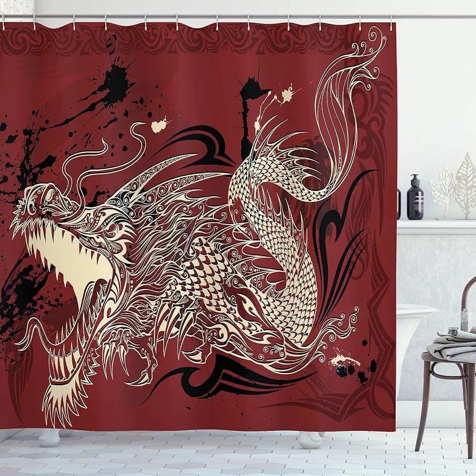 Ambesonne Dragon Shower Curtain, Angry Dragon Doodle on Grunge Background Japanese Eastern Ethereal Pattern Print, Cloth Fabric Bathroom Decor Set with Hooks, 69" W x 70" L, Ivory and Ruby