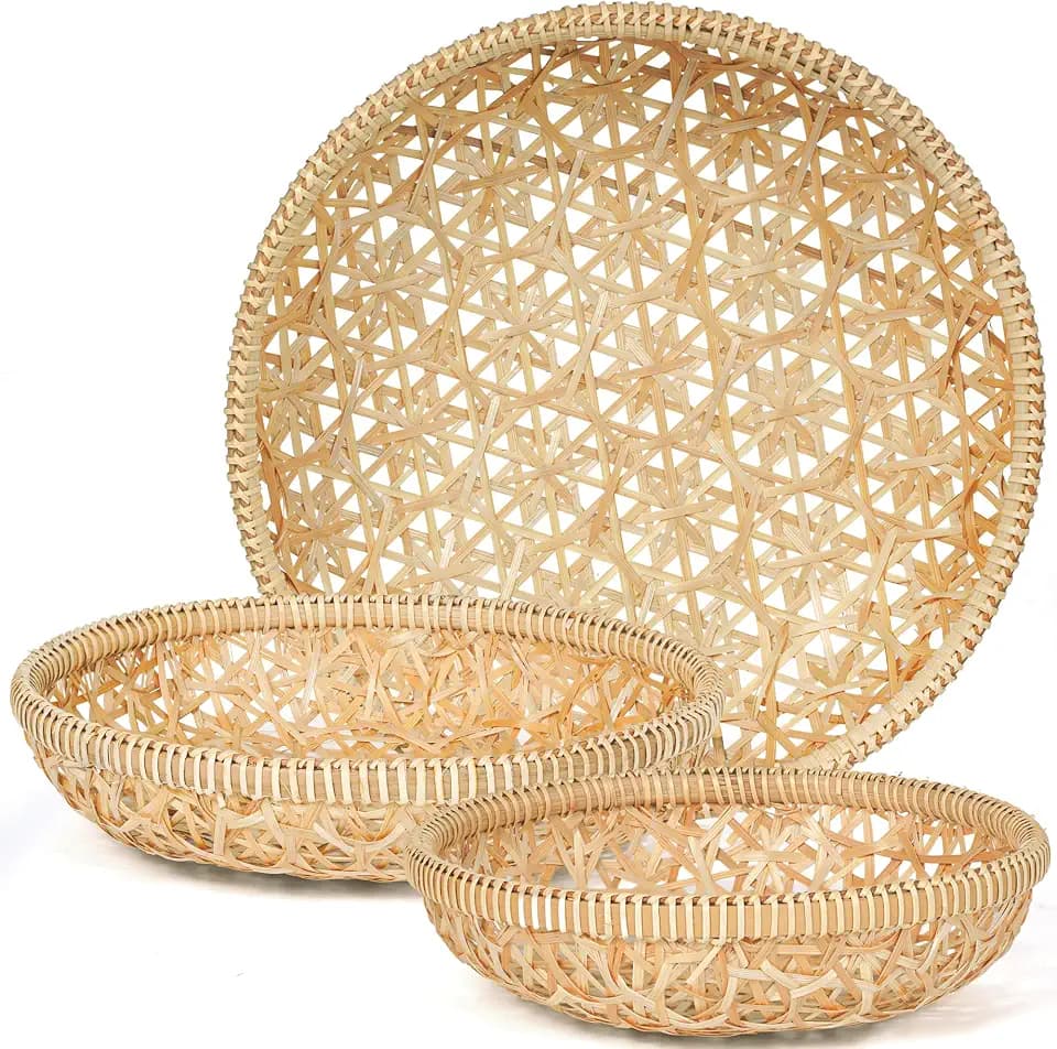 Handwoven Bamboo Basket Set of 3, Round Nesting Bread & Fruit Baskets, Natural Spiral Weave, Decorative Serving Baskets for Table & Home Decor (Lattice Natural)