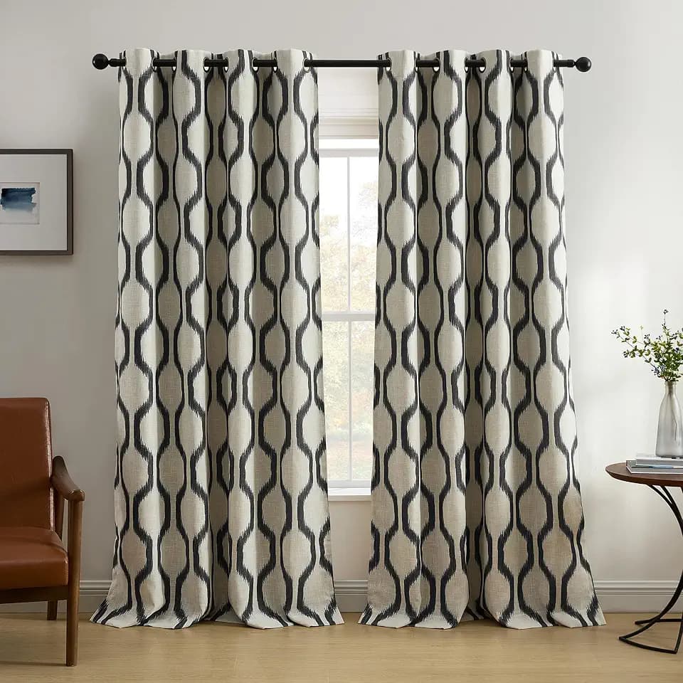 Threadmade Renzo Ikat Geometric Linen Room Darkening Window Curtain, Black - 52" W x 84" L