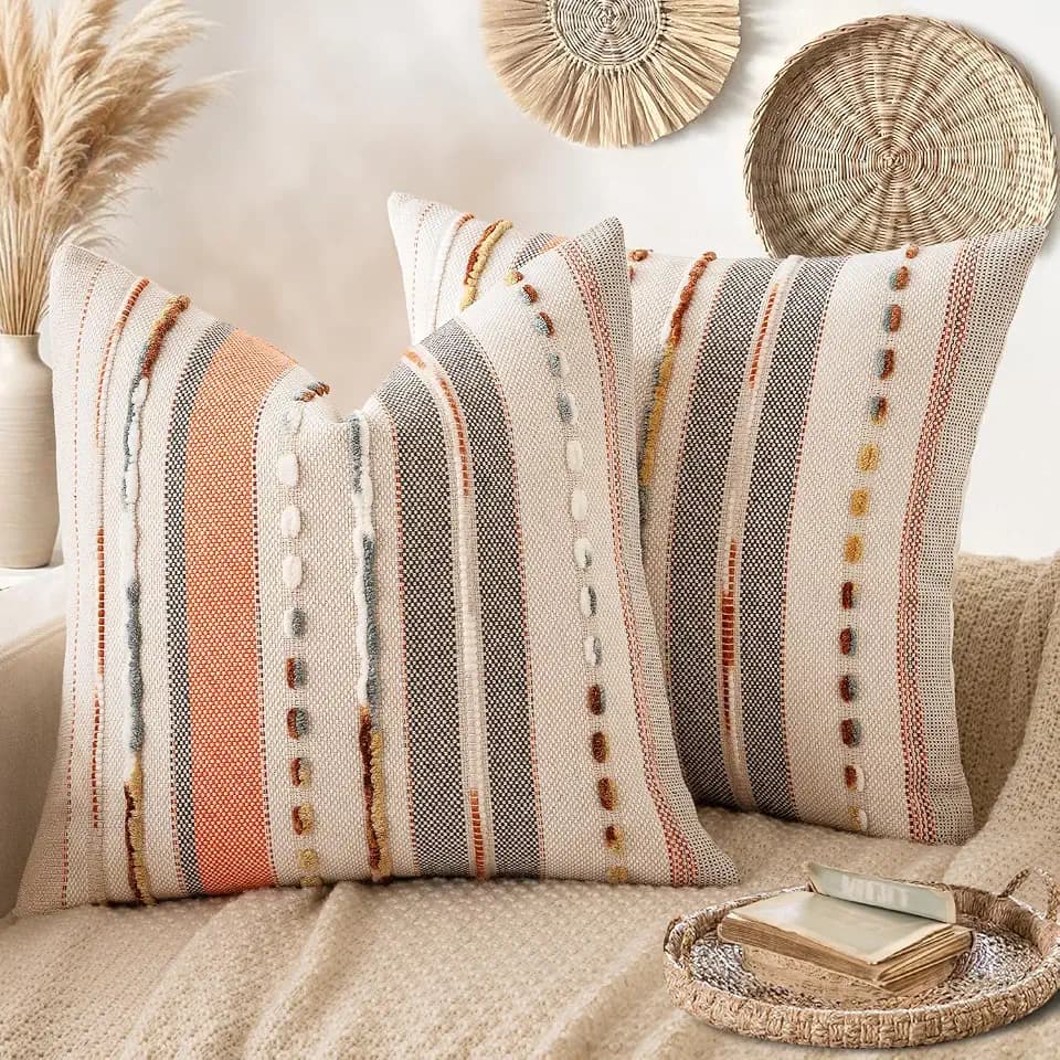 ANRODUO Boho Decorative Throw Pillow Covers Pink Stripe 18x18 Pack of 2