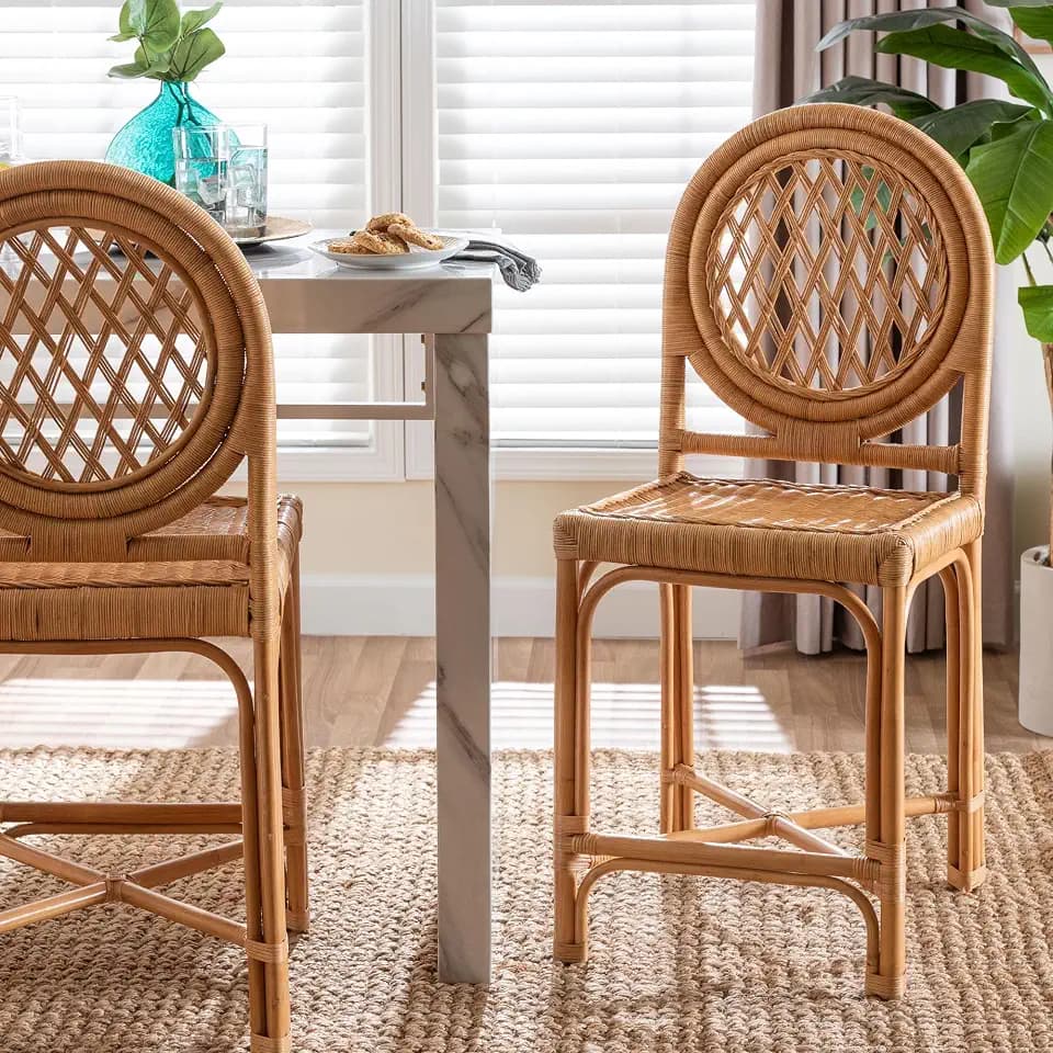 Bali & pari Oxford Natural Rattan Chair with Round Back-Handwoven Cane Accent Seating with Open Lattice Design, Counter Height, Single