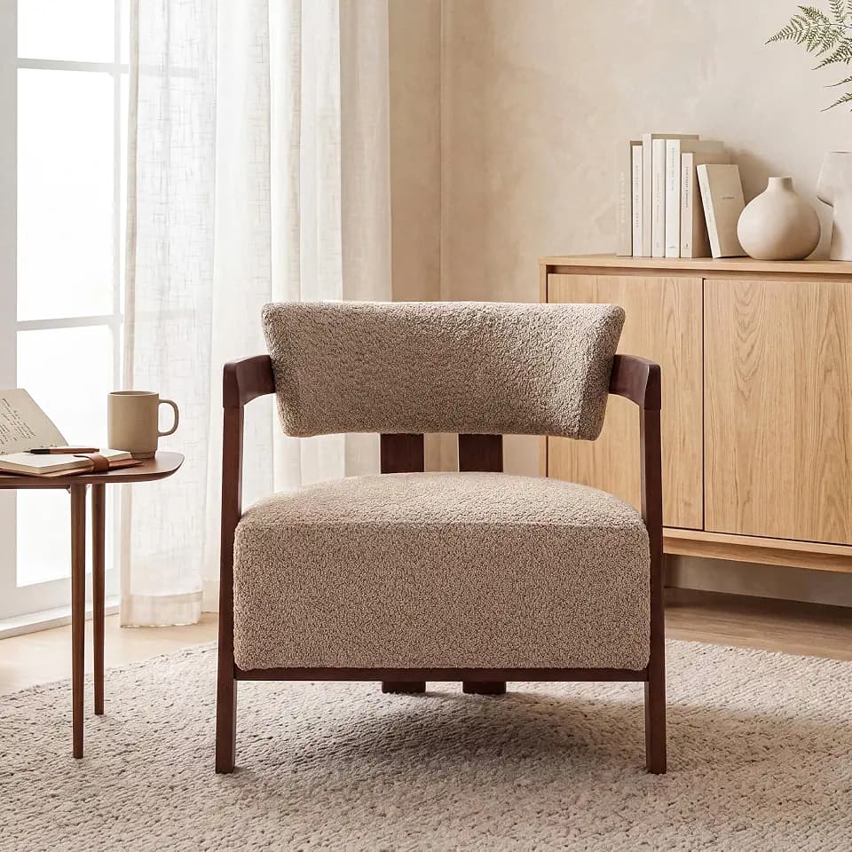 Christopher Knight Home Kirk Mid-Century Modern Accent Chair, Boucle Upholstered Club Chair with Rubber Wood Open-Frame, Comfy Reading Chair for Living Room Bedroom, Light Brown + Walnut