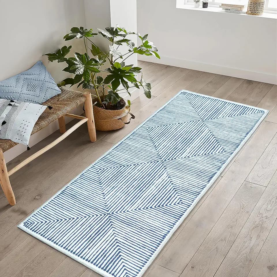 Bloom Rugs Washable Non-Slip 7 ft Runner - Blue/Ivory Striped Runner for Entryway, Hallway, Bathroom, and Kitchen - Exact Size: 2.5' x 7'