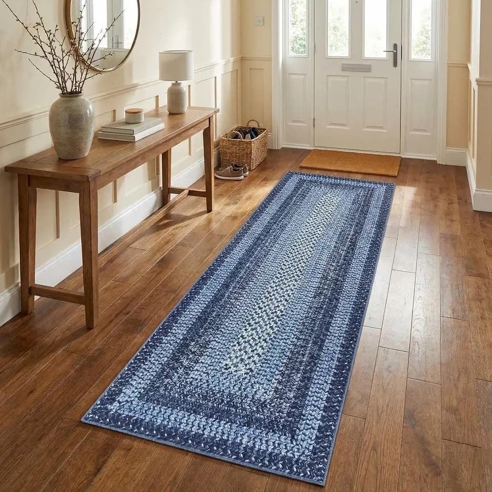 Washable Runner Rug 2x8 Hallway Runner Rug Non Slip Braided Print Indoor Soft Kitchen Rugs Stain-Resistant Foldable Thin Mat Low Pile Non-Shedding Accent Mat for Entryway Bedside Navy