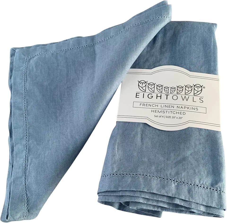 Hemstitched Linen Napkins – 20 Inch x 20 Inch – Stonewashed Pure Linen Cloth Dinner Napkins with Mitered Corners - 100% French Flax – Machine Washable - Set of 4 (Dusty Pastel Blue)