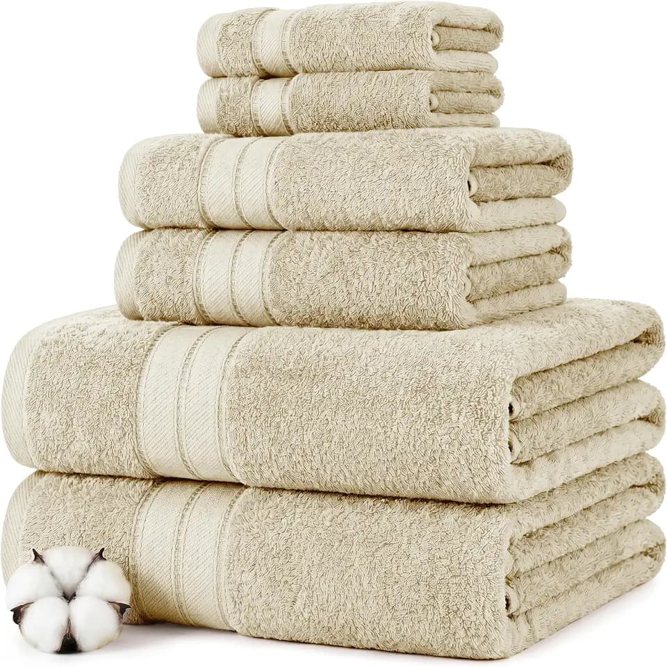 Modern Threads Spun Loft 6 Piece Bath Towel Set – 2 Bath Towels, 2 Hand Towels & 2 Washcloths – 100% Cotton, 600 GSM, Plush, Soft & Absorbent (Sand)