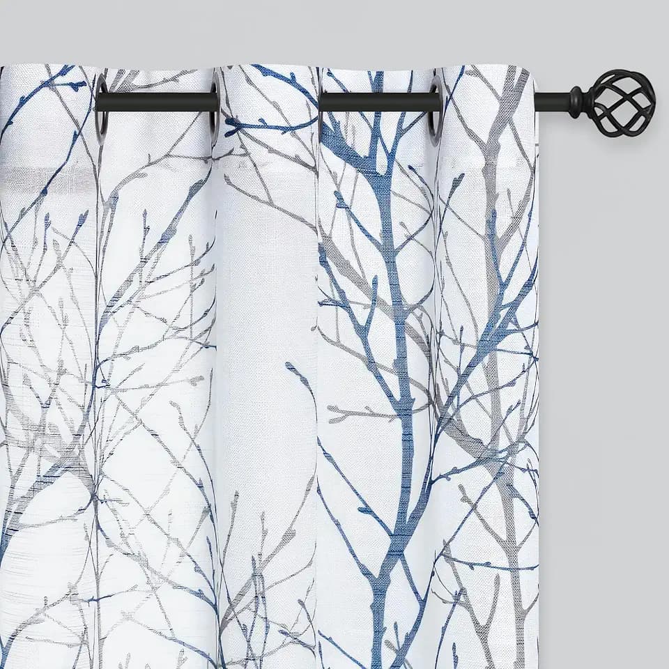 FMFUNCTEX Linen Blue White Semi Sheer Print Curtains 120 Inch Long 2 Panels