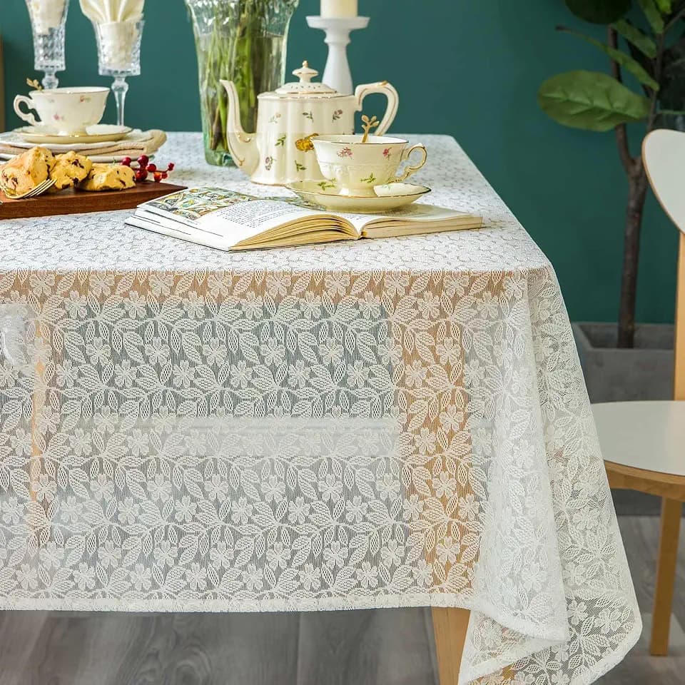 GLORY SEASON Lace Tablecloth Leaf Pattern Warp Knitting Fabric Solid White Rectangle/Oblong Table Cover for Kitchen Dining Farmhouse Wedding Party Decor Ivory, 52x70 Inch