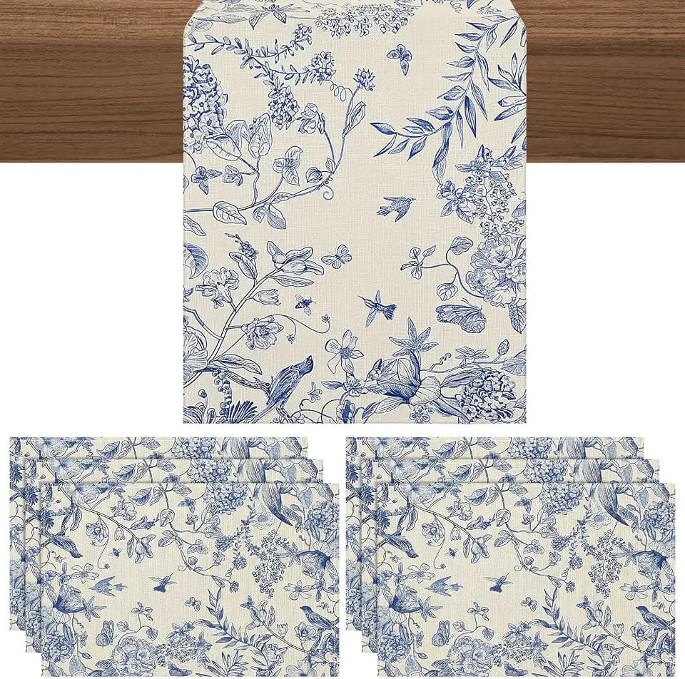 Hahafelt Blue Floral Summer Table Runner and Placemats Set of 7, 12" x 18" Blue and White Chinoiserie Place Mats 13" x 72" Flower Table Runner for Holiday Baby Shower Party Kitchen Dining Decoration