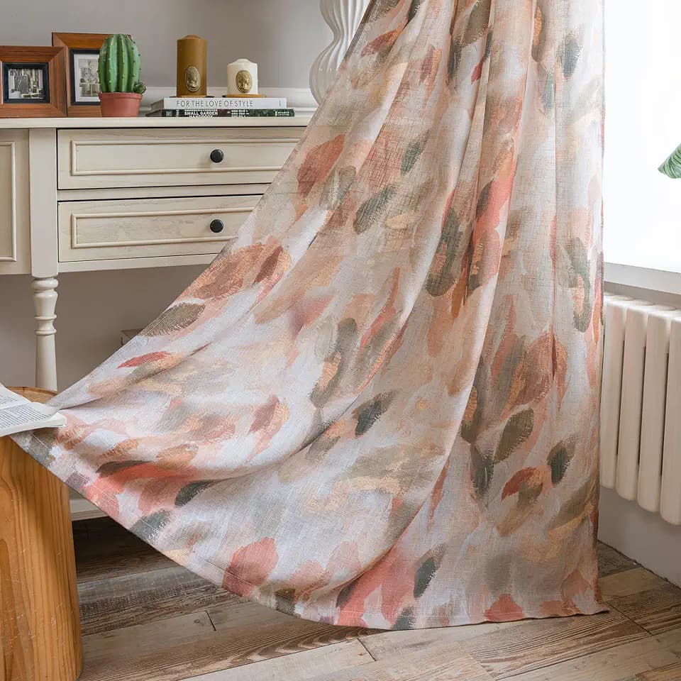 MEETSKY Semi Sheer Curtains for Sliding Door Farmhouse Grommet Curtains Living Room Light Filtering Western Style Soft Fabric Plant Pattern Window Treatment, 52"x95", Coral and Orange, 2 Panels