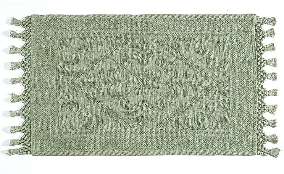 Savi Home Cotton Woven Jacquard Bathroom Rug, Woven Fringe Bathroom Mats, 100% Cotton, Non - Slip Bath Mat, Durable Thick Bath Mat 20”x38” with Fringes, Sage Green