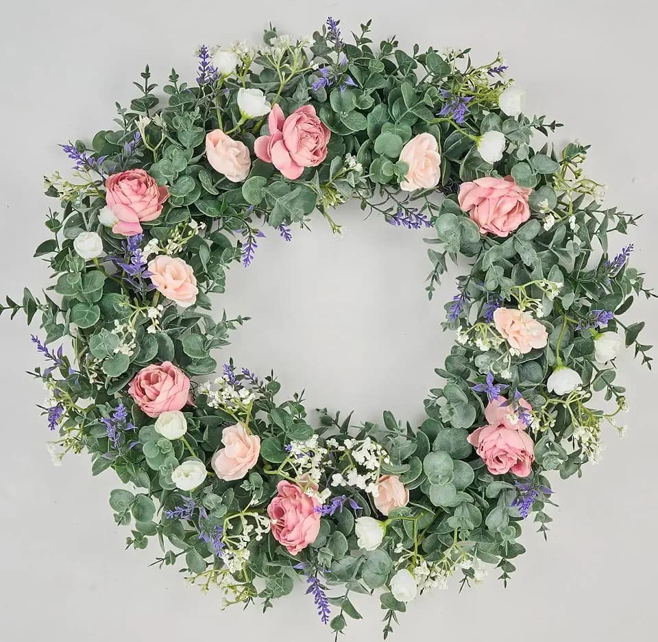 Avoeco Artificial Wreath for Front Door Decor- Year-Round Greenery, 21" Eucalyptus Spring & Summer Decorative Wreath with Flowers, Perfect for Farmhouse, Weddings & Seasonal Décor (B Rose)