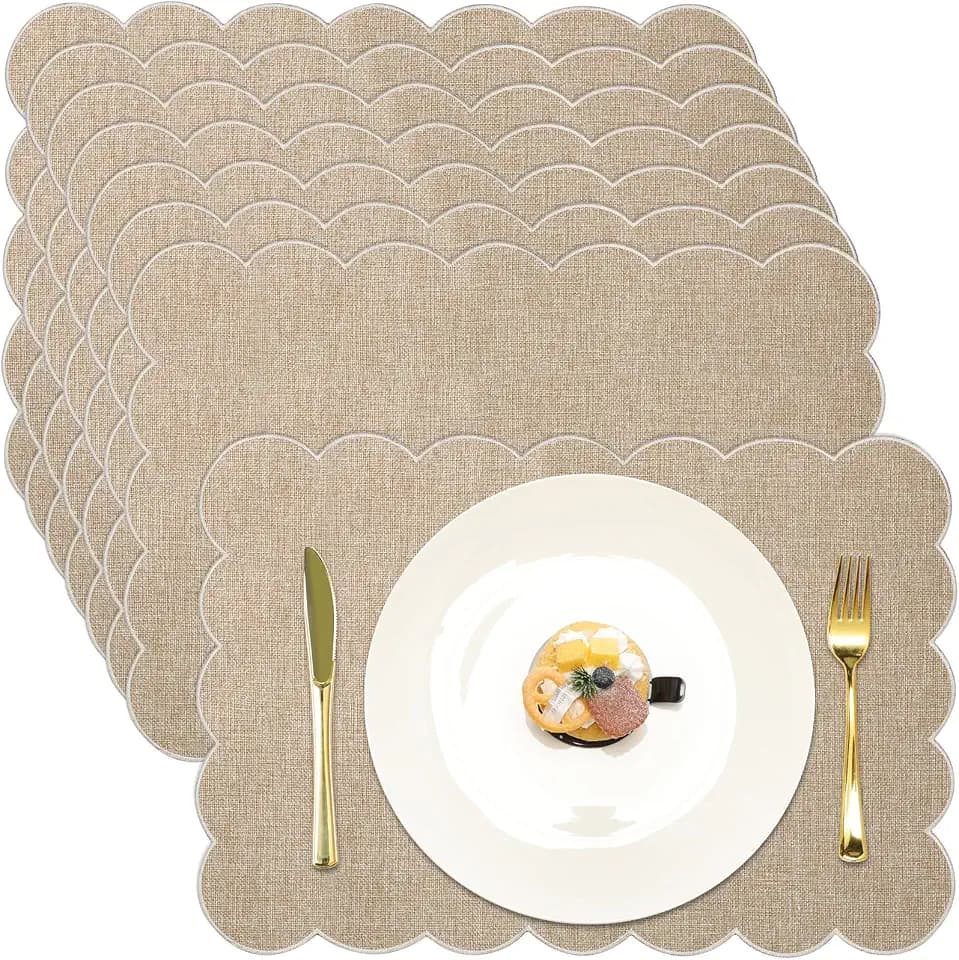 LemonRoad Scalloped Placemats Double Layer Linen, 8 Pcs, Brown, Beige