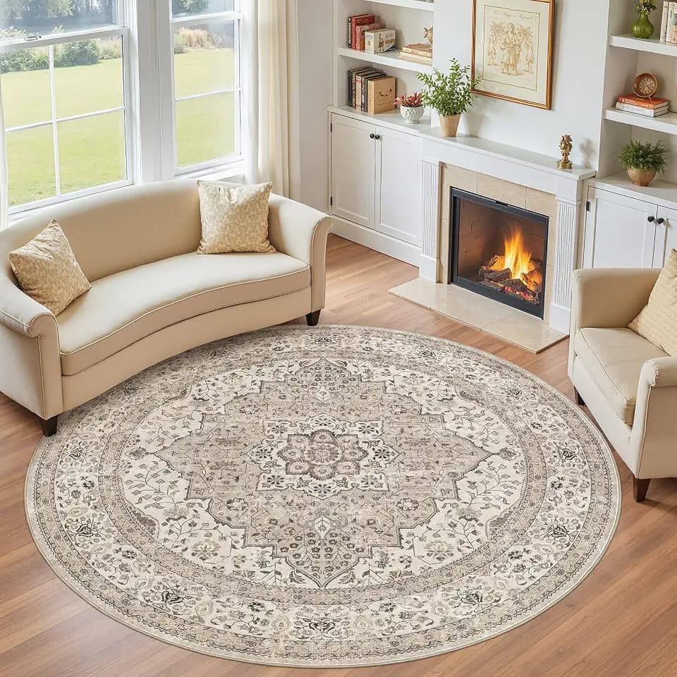 Vintage 8 Ft Round Washable Area Rugs for Living Room, Non Slip, Brown