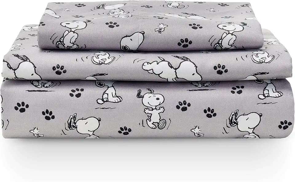 Berkshire Peanuts® Sheet Set, Twin Size - 3 Pieces, Peanuts® Mini Poses and Paws Grey, Cute Character Snoopy Printed Soft Microfiber Bed Sheets
