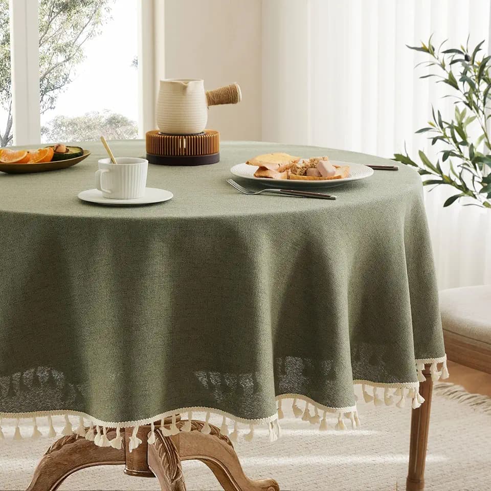 Tassel Linen Round Table Cloth, Olive 60 Inch