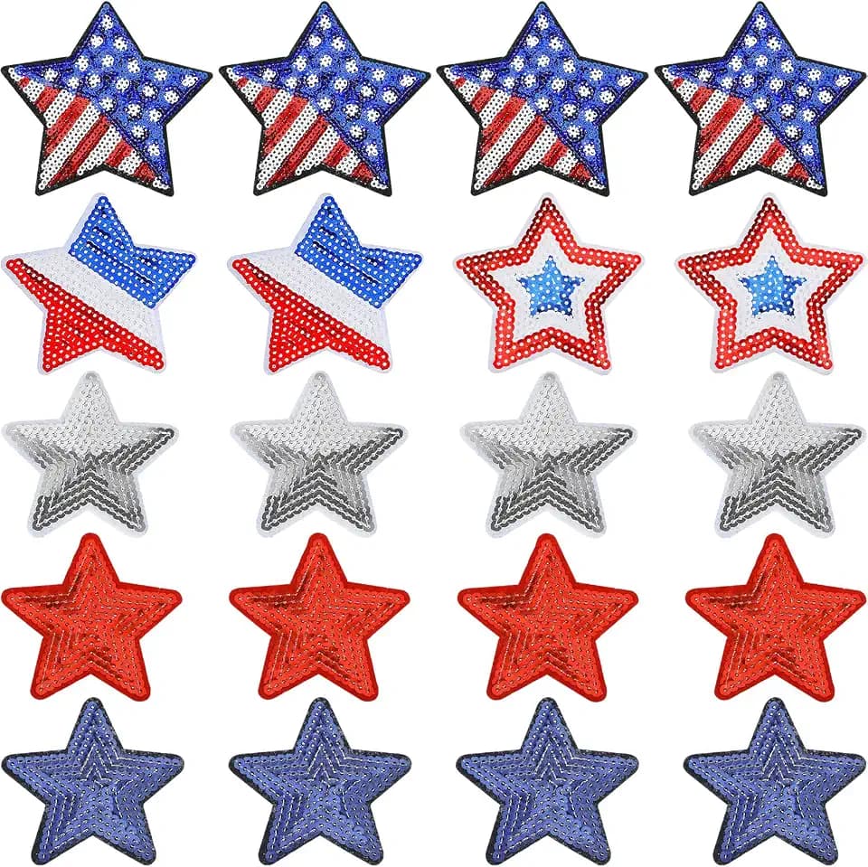 24 Pcs Sequin Star Iron on Patches for Clothes, Red Blue Silver
