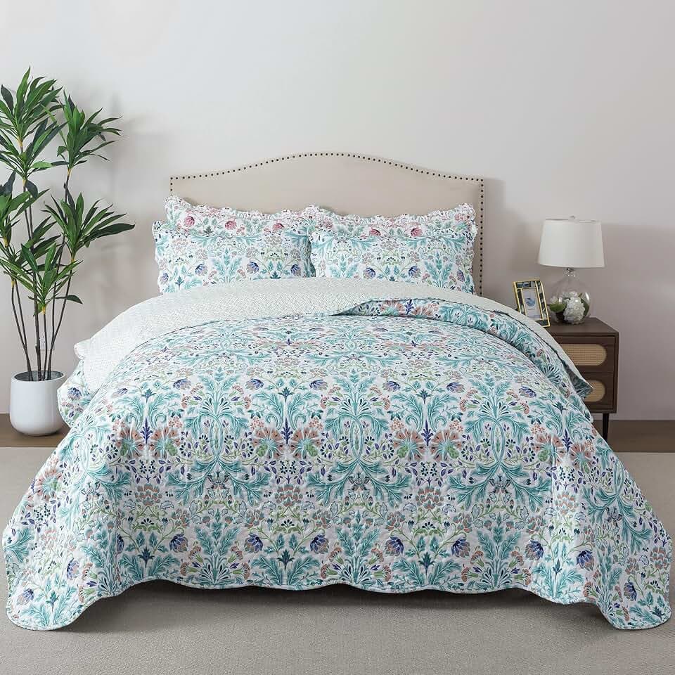 HoneiLife Queen Quilt Bedding Sets - Microfiber Quilt Sets for Queen Bed, 3-Piece Lightweight Bedspreads,Reversible Coverlets Rustic Bed Cover, Floral Bedding Sets for All Season Use