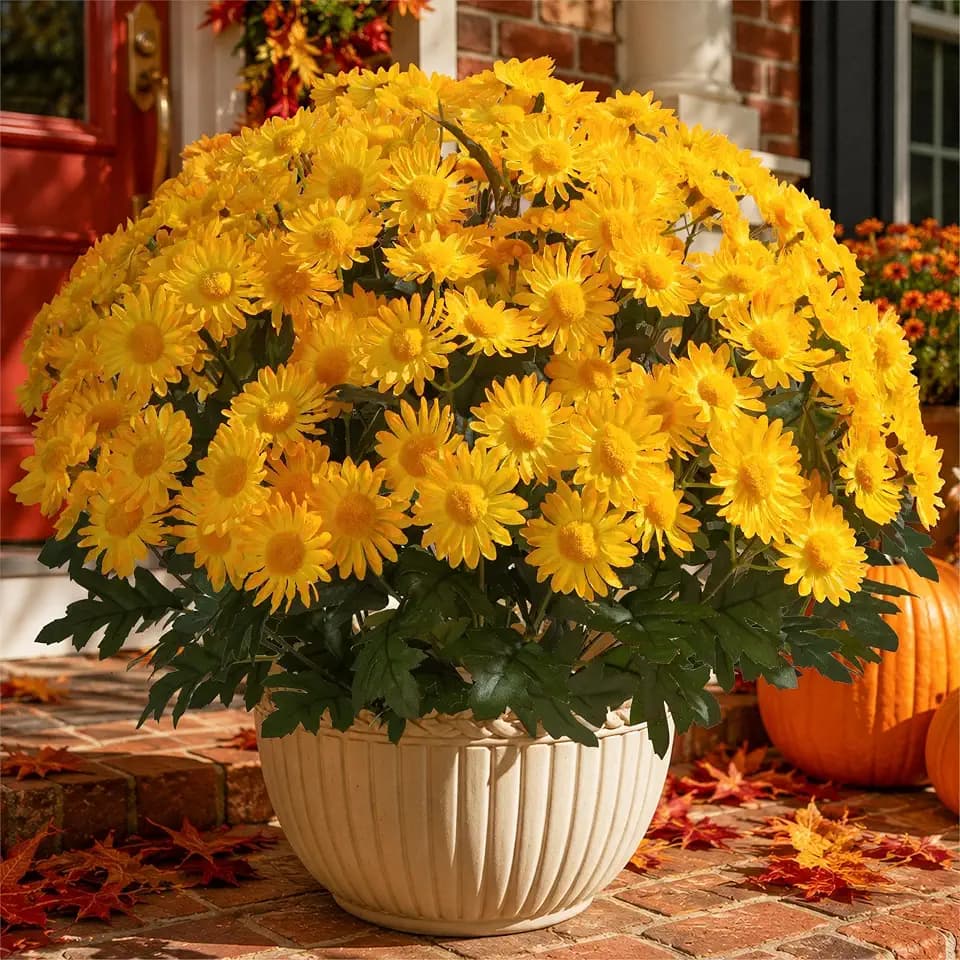 Artificial Fall Fake Outdoor Mums Flowers Plants for Summer Decoration, 6 PCS Faux Silk Yellow Gerbera Daisy UV Resistant No Fade Realistic for Planter Pot Porch Patio Balcony Garden Home Decor