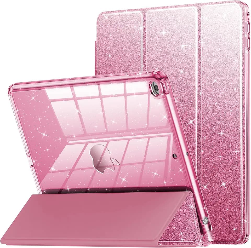 INFILAND Hülle für iPad 9.7 Zoll 6. Generation 2018/5. Generation 2017/iPad Air 2, Glitzer Transparent Schutzhülle mit Stifthalter, Stoßfestes Cover für Kinder, Mädchen und Damen (Rosa)